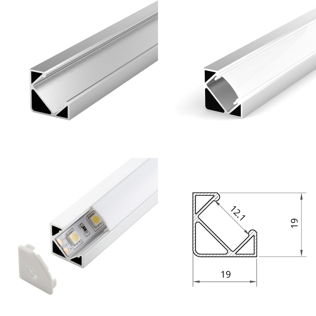 LED Strip Aluminium Corner Profile Milky Cover Cabinet LED Corner Profile 19x19mm - UK LED Lights