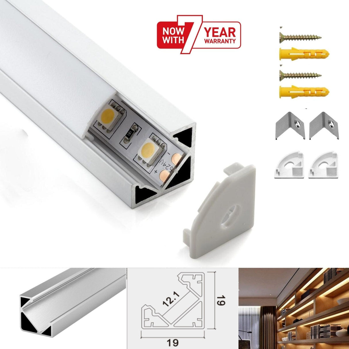 LED Strip Aluminium Corner Profile Milky Cover Cabinet LED Corner Profile 19x19mm - UK LED Lights