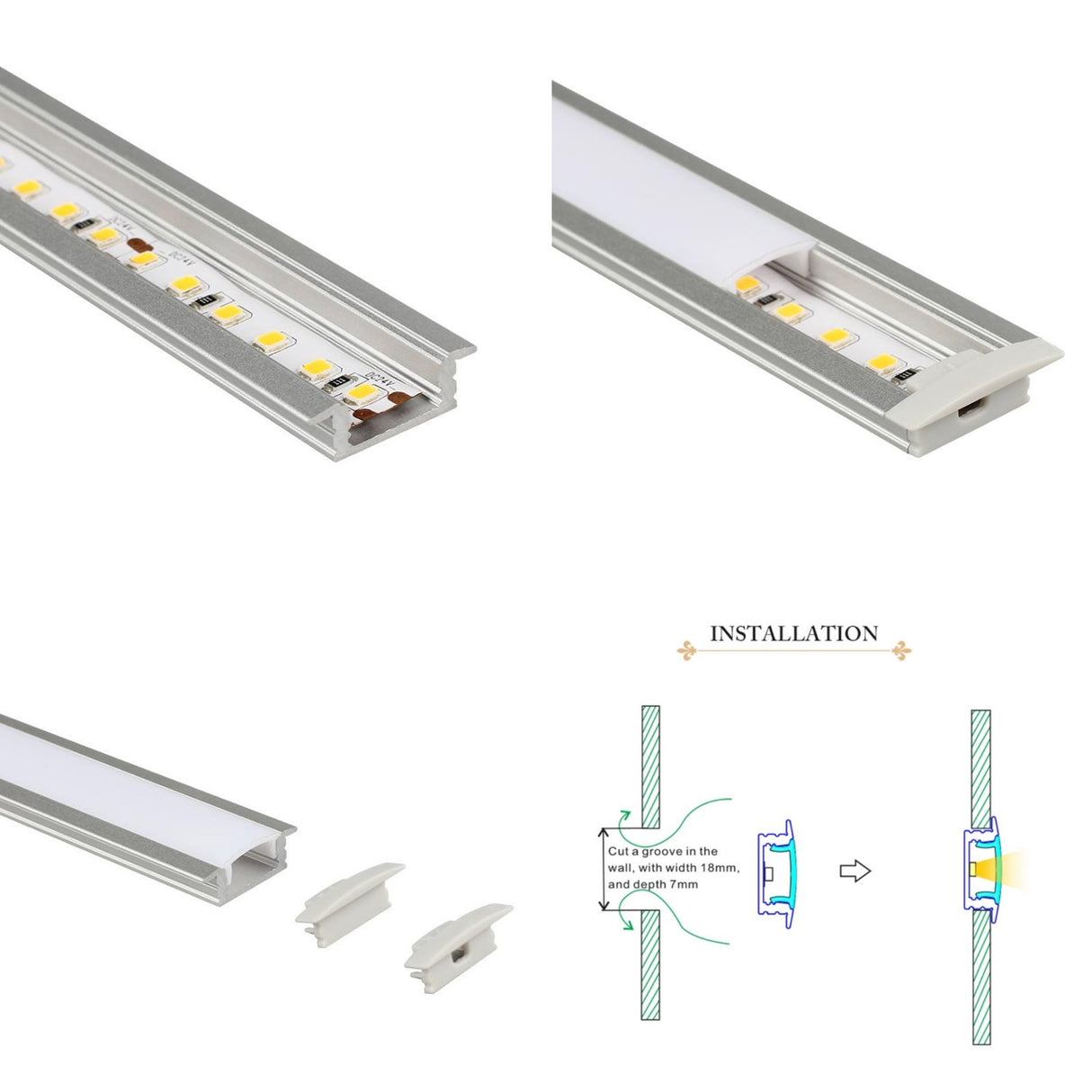 LED Strip Light Aluminium Recessed Profile Milky Cover Cabinet LED Channel - UK LED Lights