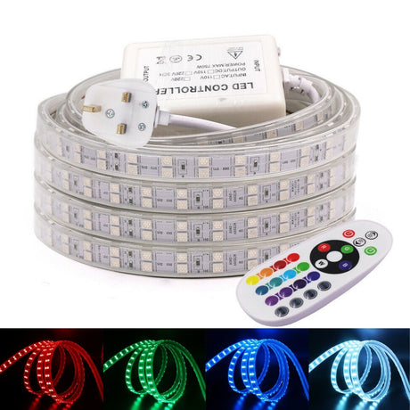 RGB LED Strip 120 LEDs/m 220V IP65 Wireless Bluetooth App Control with Remote - UK LED Lights