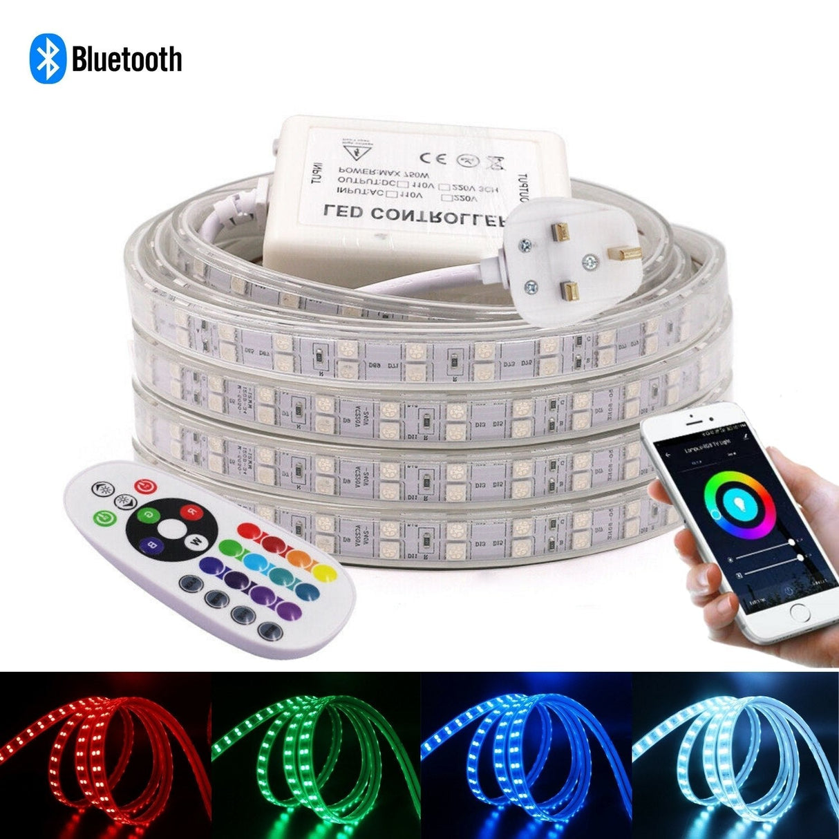 RGB LED Strip 120 LEDs/m 220V IP65 Wireless Bluetooth App Control with Remote - UK LED Lights