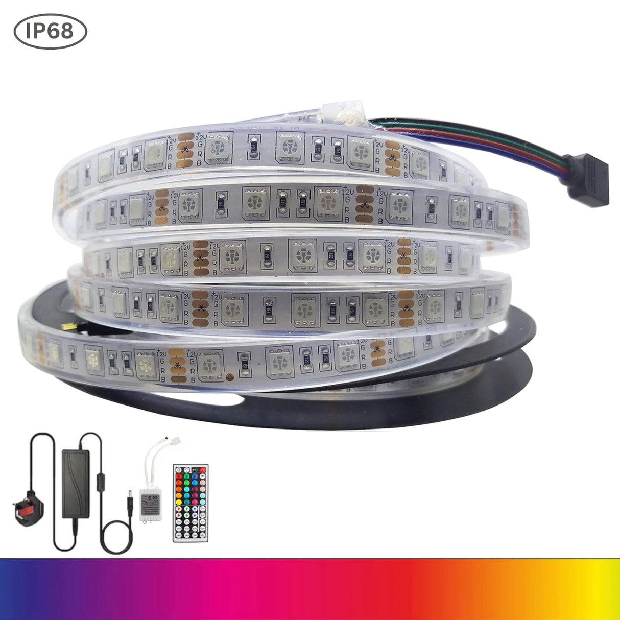 RGB LED Strip 12V 60LEDs/m IP68 Fully Waterproof Dimmable 5 Metre Kit - UK LED Lights