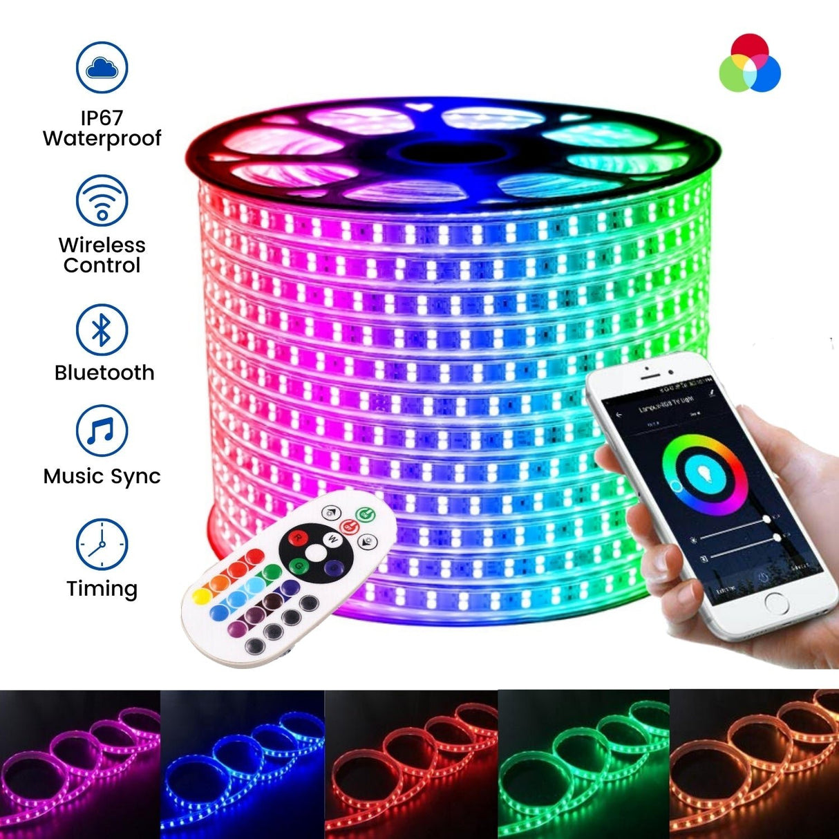 RGB LED Strip 220V 240V 120 LEDs/m IP65 Waterproof WIFI App Control Work With Google & Alexa - UK LED Lights