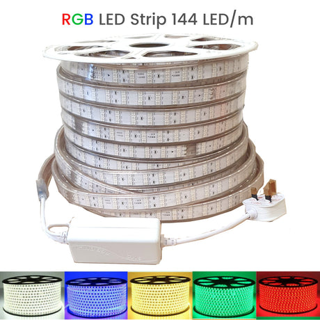 RGB LED Strip 220V 240V 144 LEDs/m IP65 Wireless Bluetooth App Control with Remote - UK LED Lights