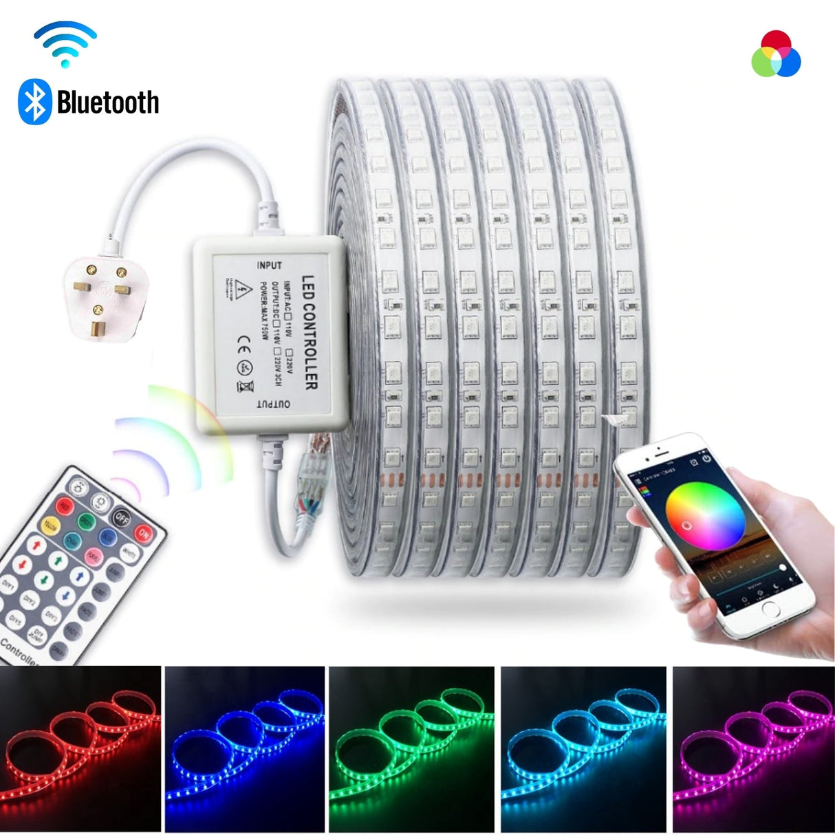 RGB LED Strip 220V 240V 60LEDs/m IP65 Wireless Bluetooth App Control with Remote - UK LED Lights