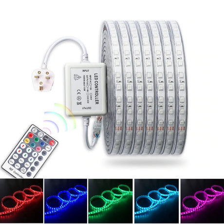 RGB LED Strip 220V 240V IP65 60LED/m Dimmable with Remote Kit - UK LED Lights