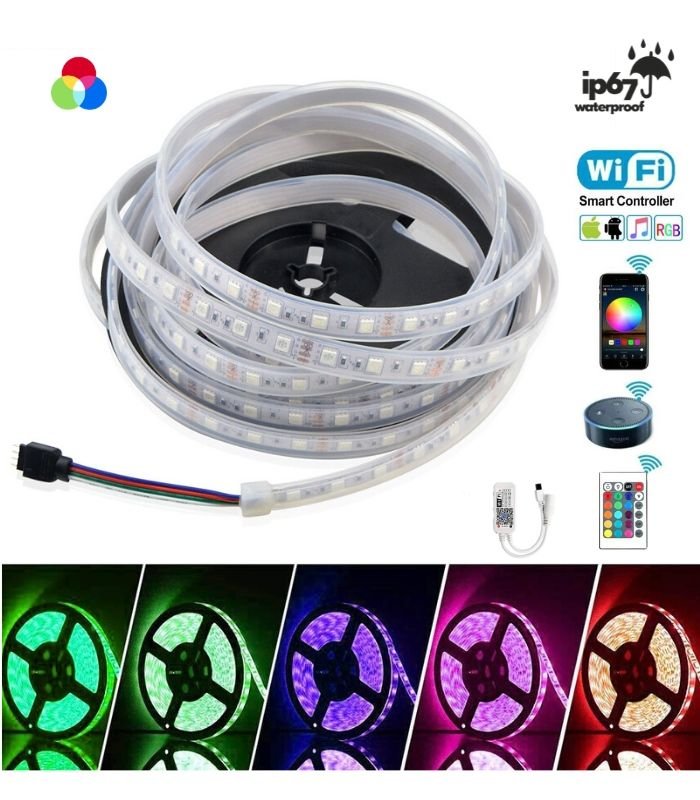 RGB LED Strip 5050 12V WiFi Control RGB LED Strip IP67 Waterproof 300LEDs 5m Full Kit Compatible with Alexa and Google Home - UK LED Lights