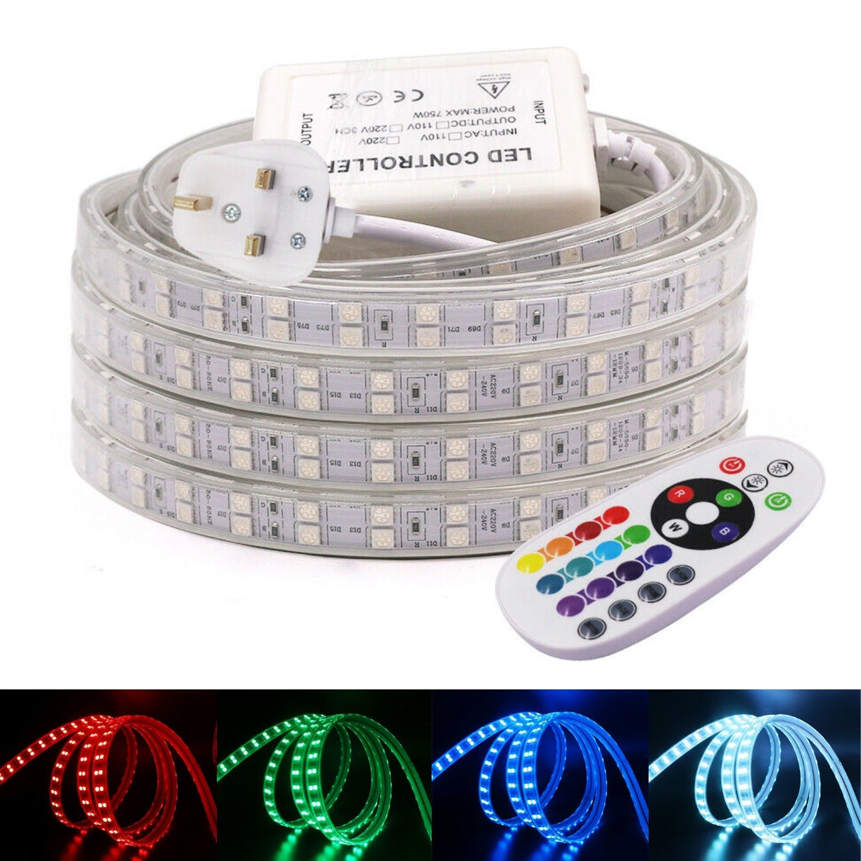 RGB LED Strip Light 220V 240V 120 LEDs/m IP65 Waterproof Full Kit - UK LED Lights