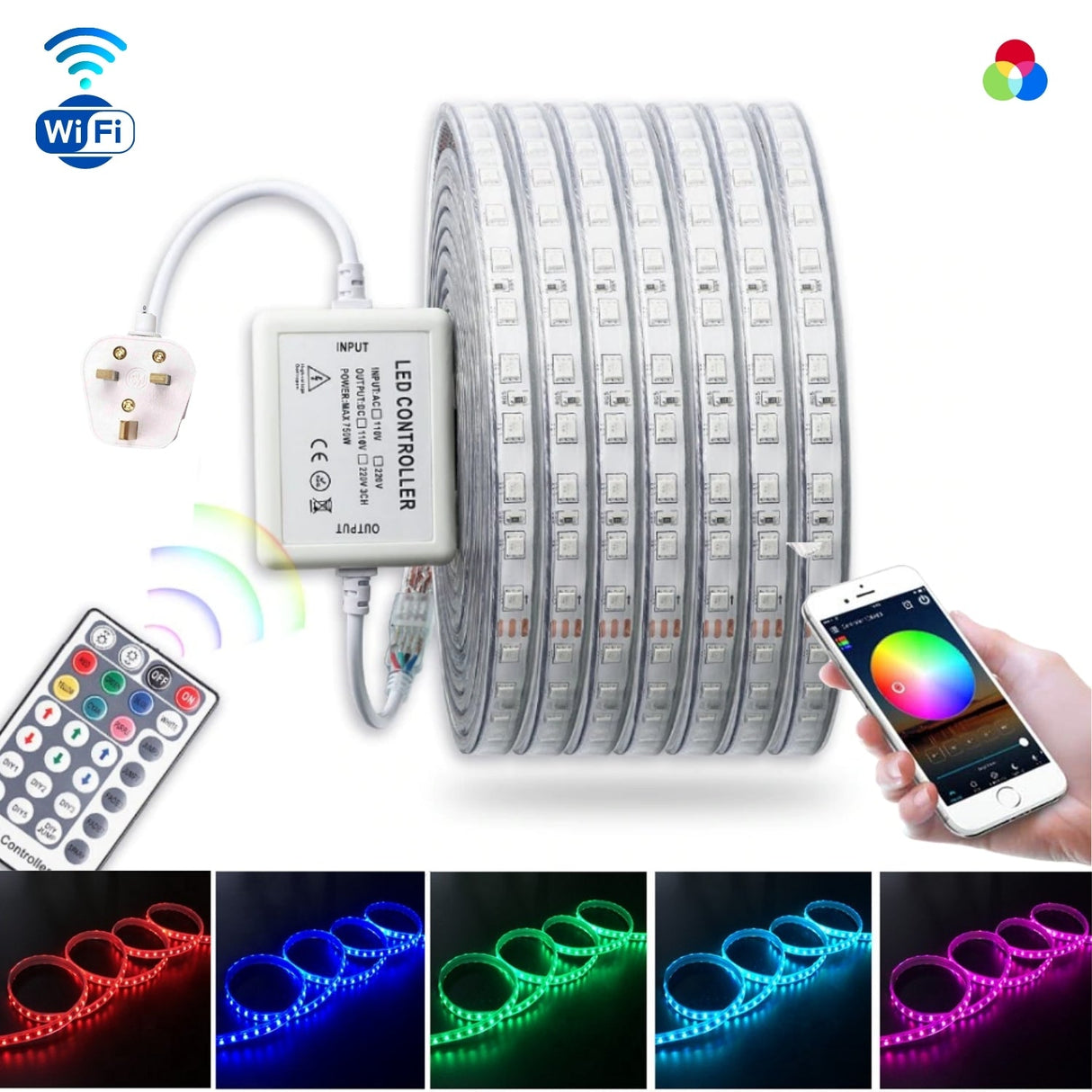 RGB LED Strip Light 220V 240V 60LEDs/m IP65 Waterproof WIFI App Control work with Google & Alexa - UK LED Lights