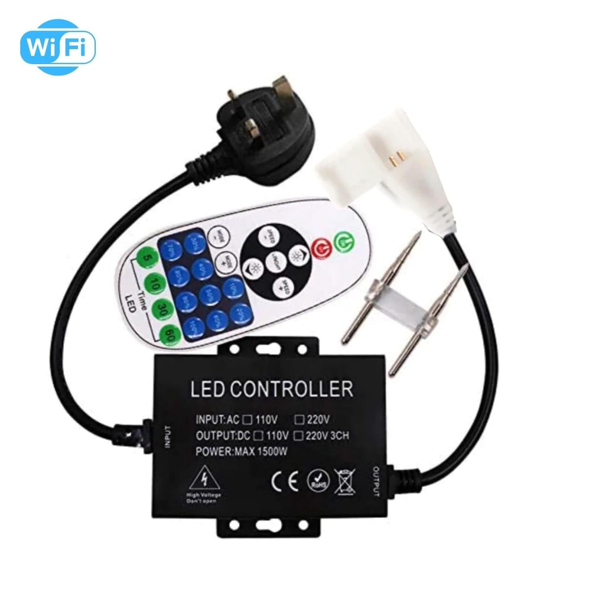 Single Colour Wireless Neon Flex AC 220 240V 8x16mm WIFI Dimmer Controller with 23 - Key RF Remote Control 1500W for Brightness Adjustment - UK LED Lights