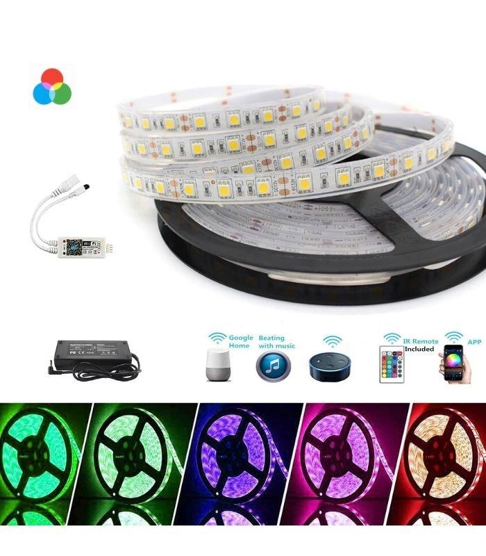 SMD5050 WiFi Wireless Control RGB LED Strip 12V IP65 Waterproof 150LED 5m Full Kit Compatible with Alexa and Google Home - UK LED Lights