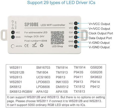 SP108E WiFi Controller DC 5V - 24V for SK6812 SK6812 - RGBW WS2812 WS2813 WS2811 AL2815 Digital Pixel Strip Light & Neon Flex - UK LED Lights