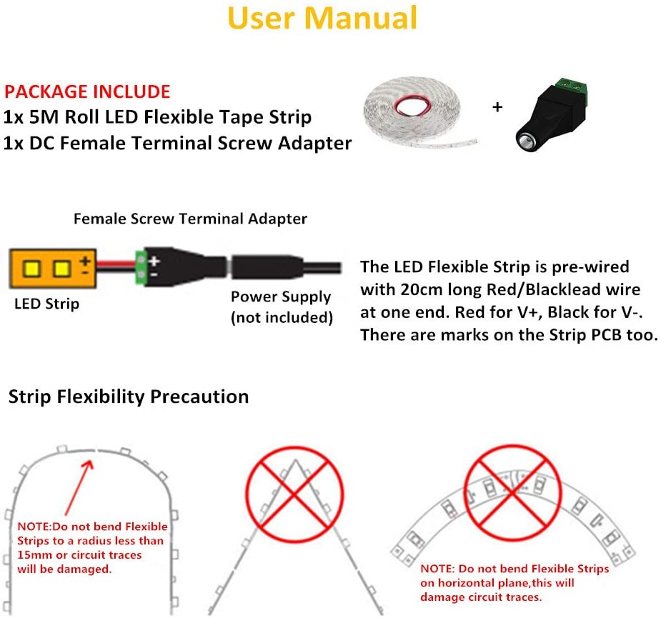 Warm White LED Strip 12V IP65 Waterproof 60LED/m 5 metre with 3M Adhesive Tape Full Kit - UK LED Lights