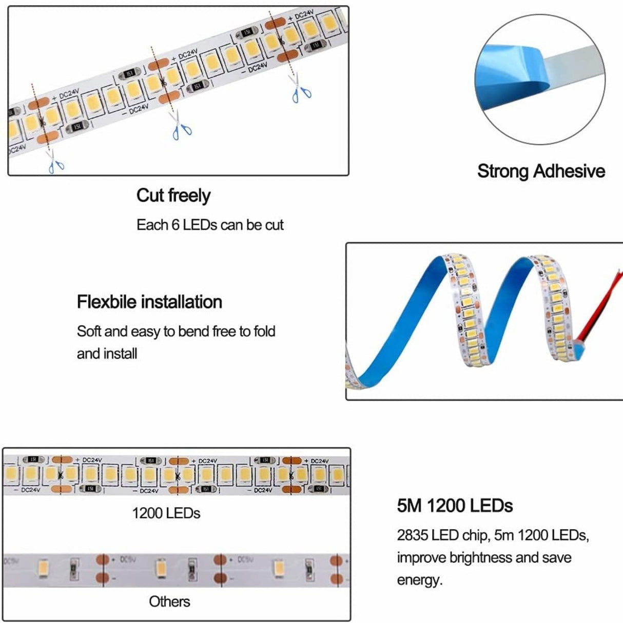 Warm White LED Strip Light 3000K 12V 240 LEDs/m 1200 LEDs IP20 Waterproof 5 Metre Strip - UK LED Lights